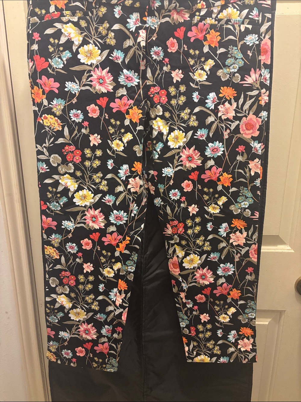 LOFT Black Floral Straight Leg Pants with Multicolor Blooms